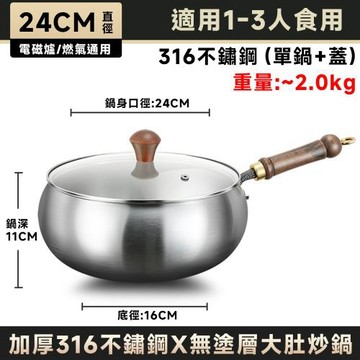 【Secaii設彩品牌店】大肚鍋 炒鍋 炒菜鍋 深炒鍋 316不鏽鋼無塗層 送鍋鏟+湯勺 小炒鍋 平底鍋 肚大鍋深 爆炒小鍋 24cm大肚鍋