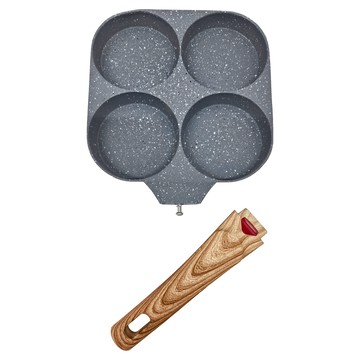感溫變色四孔煎蛋鍋 鋁合金鍋身 不鏽鋼複合鍋底 櫸木手柄 總長37x寬度18.5x高度2.2cm 單孔9cm 手柄長18.5cm  1個