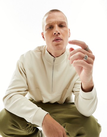ASOS DESIGN oversized half zip sweatshirt in ecru-Neutral