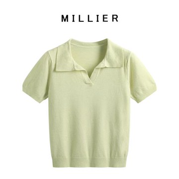 MILLIER夏季新款牛油果綠針織短袖女復古純色POLO領百搭薄款T恤衫