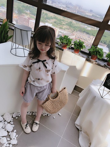 夏季新款 女童系帶大象印花短袖T恤+短褲兩件套 兒童可愛套裝1入