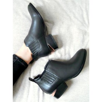 真皮切爾西短靴女秋冬金片中跟及踝靴子尖頭瘦瘦靴網紅斷跟靴皮靴