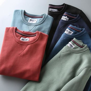 秋冬新款 簡約休閑百搭男式拉絨保暖圓領套頭純色衛衣上衣打底潮