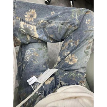 超值下殺 新品首殺  牛仔褲女 牛仔褲 高腰牛仔褲 顯瘦  百搭 寬鬆牛仔褲 韓版牛仔  美式復古原創花卉印花
