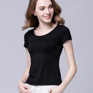夏季黑色莫代爾棉t恤女短袖遮肉修身顯瘦半袖體恤打底衫收身上衣