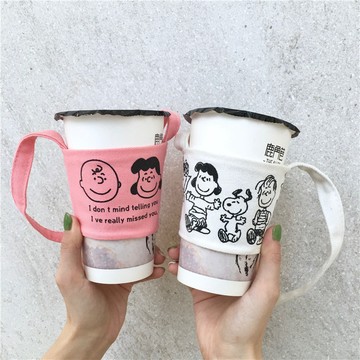 24hr出貨-現貨韓風ins簡約可愛卡通小狗查理飲料杯奶茶杯套帆布袋防燙防冰交換禮物 史努比杯套