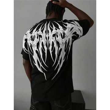 t恤男生高街暗黑設計后背翅膀搖滾樂隊印花美式重磅純棉男士短袖