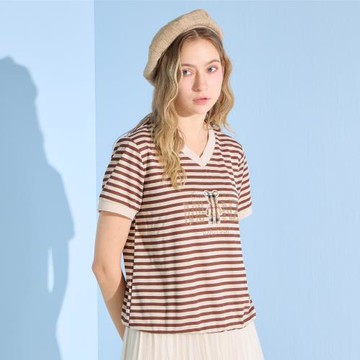 【YUTZUYA 優姿雅】英倫格紋熊玩偶條紋棉質寬版上衣/T恤