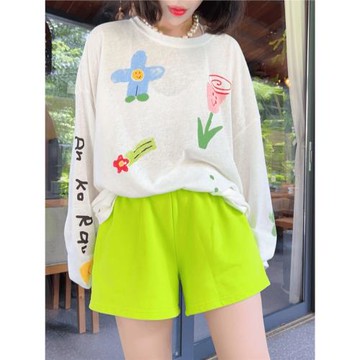 韓國東大門夏季新款熒光綠松緊腰毛圈短褲女寬松慵懶風多巴胺褲子