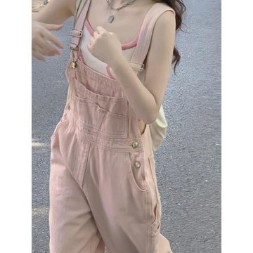 奶鹽淺粉色背帶褲女2026夏新款度假減齡顯瘦遮肉小個子工裝牛仔褲