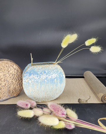 手作陶製花瓶 印花圓餅形花器 可愛小花器