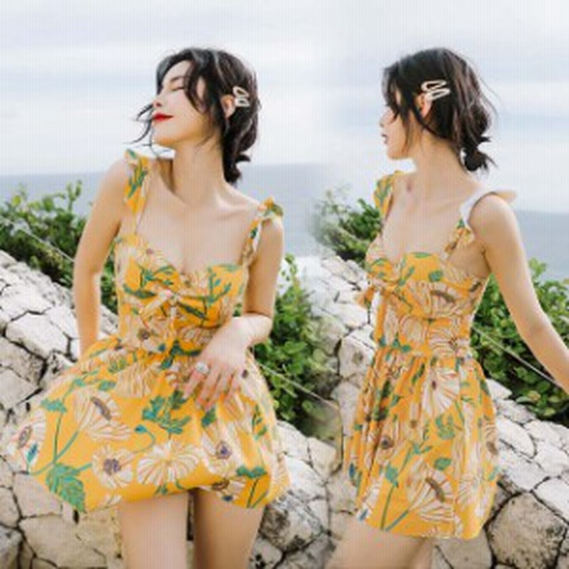 水着 レディース 代 イエロー ワンピース水着 花柄 キャミワンピース フリル 水着 可愛い スカート 体型カバー水着 Vネック 2点セット 通販 Lineポイント最大get Lineショッピング