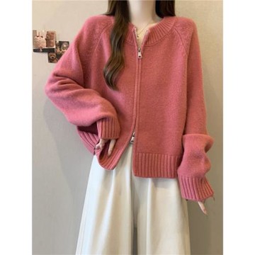 玫粉色雙拉鏈針織開衫毛衣外套大碼女裝2025秋季微胖mm插肩袖上衣