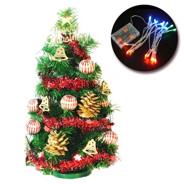 摩達客 台灣製1尺裝飾綠色聖誕樹(木質小鐘系)+LED20燈彩光電池燈*1