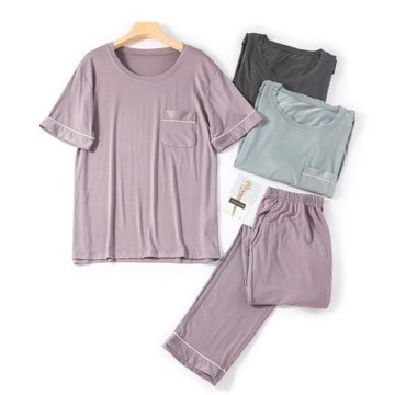 懶人套頭睡衣男士莫代爾短袖長褲夏季休閑運動圓領家居服套裝薄款