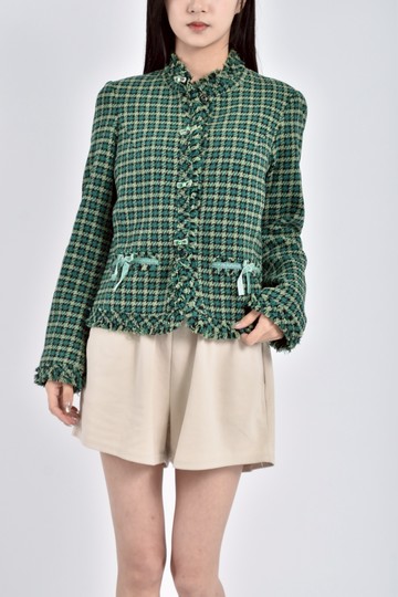 (S) donna hsu羊毛千鳥紋蝴蝶結綠色外套