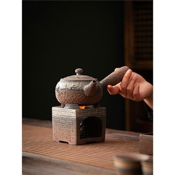 鎏金鐵銹釉炭爐煮茶套裝可明火炭燒粗陶復古側把壺碳爐風爐酒精爐