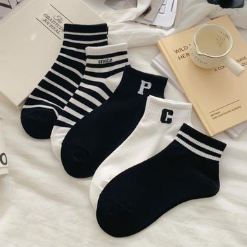 黑白字母襪子女短襪淺口夏季薄款ins潮棉襪百搭條紋運動低幫船襪