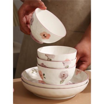 日式紫薰花陶瓷碗碟套裝米飯碗家用面碗湯碗6/10個裝吃飯碗碟組合