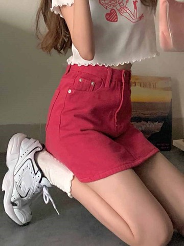 大碼玫紅色牛仔半裙新款甜辣風女裝微胖遮跨高腰顯瘦a字短裙