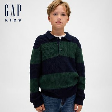 【GAP】男童裝|翻領長袖針織衫-綠色條紋(827258)