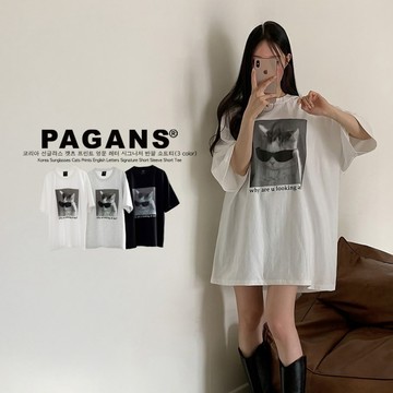 【PAGANS STORE】韓國 墨鏡 貓咪 印花 英文 字母 標語 短袖 短tee
