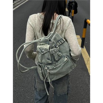 邊袋新品時尚百搭復古水洗牛仔雙肩包簡約休閑大容量抽繩設計背包