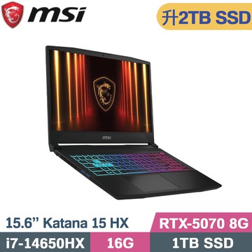 MSI 微星 Katana 15 HX B14WGK-647TW 黑(i7-14650HX/16G/2TB/RTX5070-8G/W11/15.6)特仕筆電