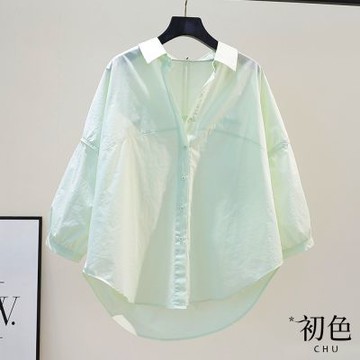 初色 寬鬆翻領微鏤空後背落肩燈籠長袖排扣襯衫上衣-共3色-30590(M-2XL可選)