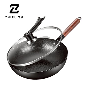 【ZHIPU芝浦】炒鍋 32CM手工打造鐵鍋 老式炒鍋 無塗層不粘鍋 深層氮化 防鏽耐磨 燃氣竈電磁爐通用 附鍋蓋 現貨