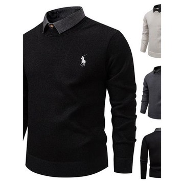 秋冬新款假兩件加絨針織衫男時尚休閑修身翻領套頭刺繡學生毛線衣