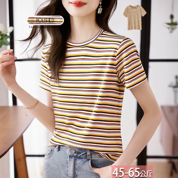 圓領亮彩橫條紋撞色正肩上衣 M-L【765439X】【現+預】☆流行前線☆