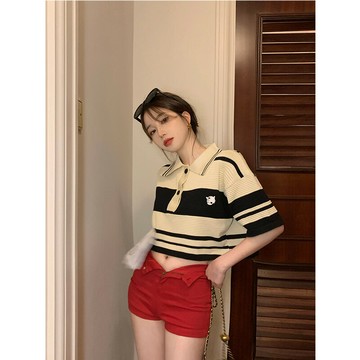 小眾條紋翻領復古夏季學院風寬松中長款韓版連衣裙氣質女短袖顯瘦