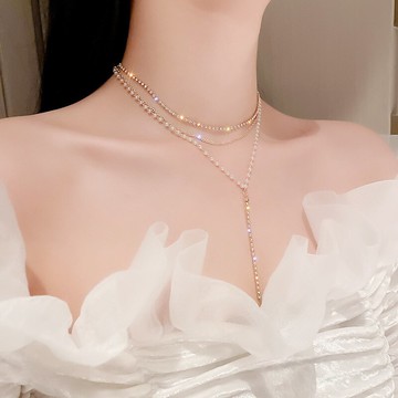 韓國東大門時尚多層珍珠鑲鉆項鏈女頸鏈鎖骨鏈ins氣質高級感項飾
