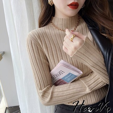 HanVo 韓版柔軟針織直紋高領上衣 毛衣 半高領 冬天女裝 立領打底衫 保暖衣 內搭衣 針織上衣  A02-1754