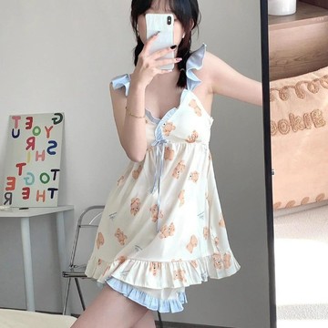 超舒服☁️⁠⁠⁠⁠帶胸墊卡通睡衣女 夏季小熊吊帶飛袖短褲居家服 可愛甜美家居服套裝 兩件套睡衣