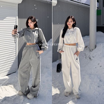 【酷甜殺手】DOMISS自訂-短版連帽外套 側線運動長褲 兩件套裝 太空棉 洋裝 套裝 (現貨)