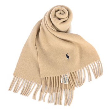 RALPH LAUREN POLO 小馬刺繡LOGO素面羊毛圍巾-淺駝色