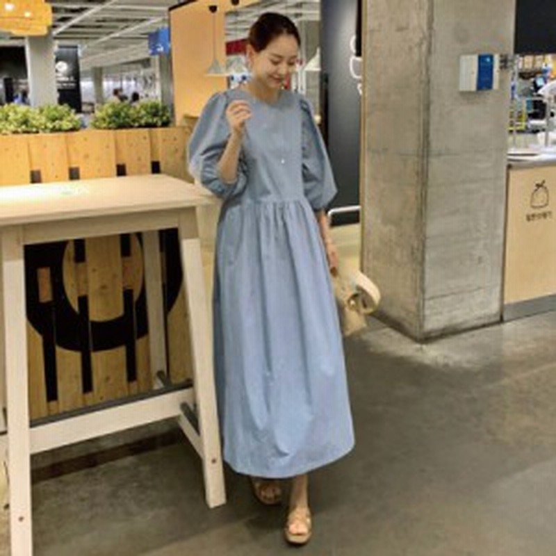 ボリューム袖 ロングワンピース 袖あり 5分袖 ギャザースカート パフスリーブ ナチュラル 無地 リラックス かわいい カジュアル 秋 春 夏 通販 Lineポイント最大get Lineショッピング