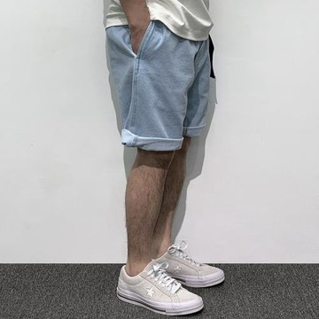 HEY MAN男士夏季復古寬松直筒牛仔短款五分褲 藍色休閑水洗中褲潮