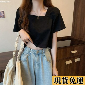 【台灣出貨】 2025新款夏季顯瘦百搭短袖T恤女短款辣妹風設計感法式方領上衣服