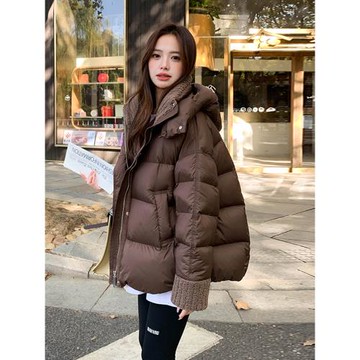 美拉德咖色針織拼接羽絨棉服女冬季2025新款高級感連帽面包服棉衣