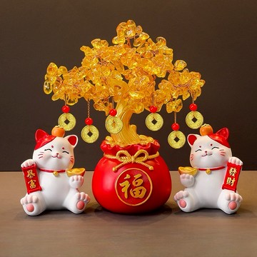 🐎新年快樂🔜 快速出貨【招財貓的家】黃水晶發財樹暴富招財貓三件組 生日禮物 開業禮物 開運 招財 喬遷禮物 交換禮物