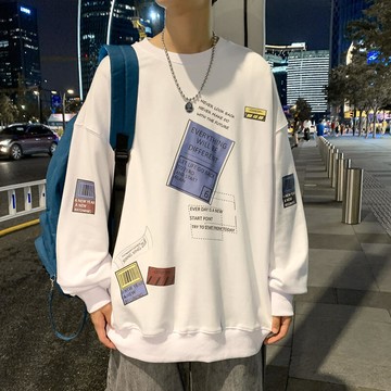 春季圓領衛衣男潮潮流寬松印花長袖打底衫 圓領衛衣男