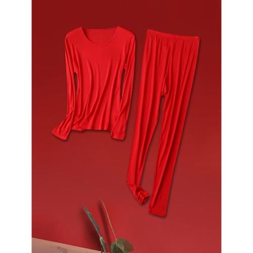 本命年大紅色真絲桑蠶絲薄款秋衣秋褲套裝女打底保暖套裝秋冬