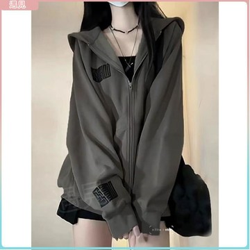特價💖韓系連帽大學T2024秋冬即墨新款美式復古深灰色中長款拉鍊小外套外套女生衣服衣服女春秋天女