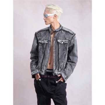 PLAN1ONE原創復古重工灰色毛邊短款墊肩夾克男小眾無領飛行員外套