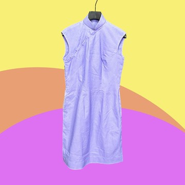 二手 古董訂製 紫色 織紋 輕薄 開衩 無袖 旗袍 CA410