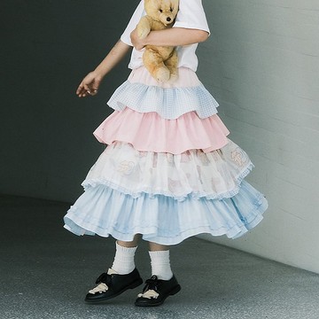 Meugler牛稠島 動物天堂 藍粉配色小兔提花開襟lolita蛋糕塔裙