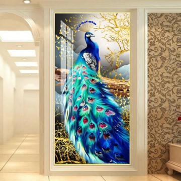 豎版富貴孔雀圖 入戶玄關裝飾畫 北歐客廳壁畫 走廊輕奢掛畫 貼鑽晶瓷畫
